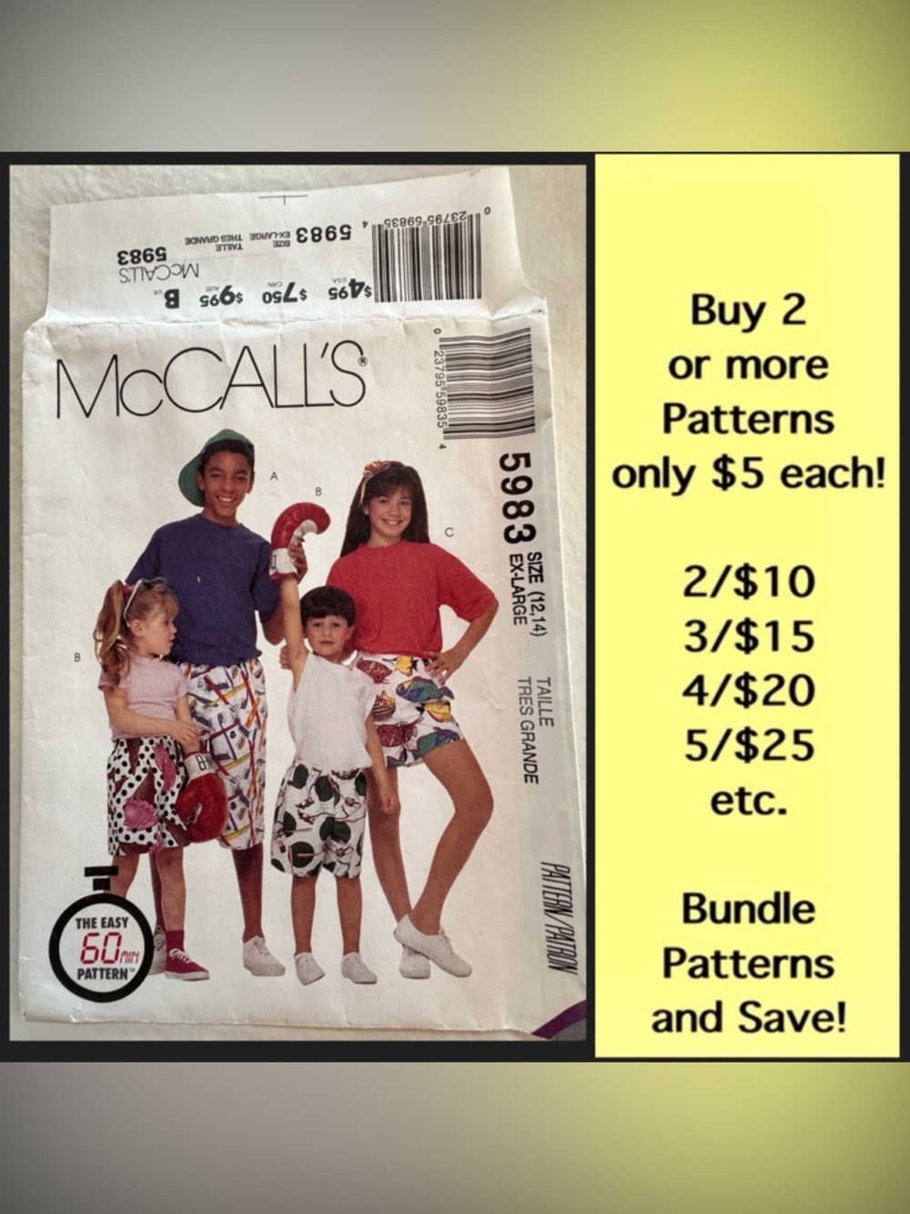 McCall's 5983 Kids' Boxer Shorts Uncut Sewing Pattern (XL 12-14)